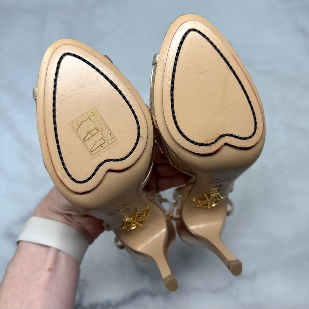 NEW Charlotte Olympia Octavia Spider Web Rose Gold Leather Strappy Sandal Heels - Picture 10 of 16